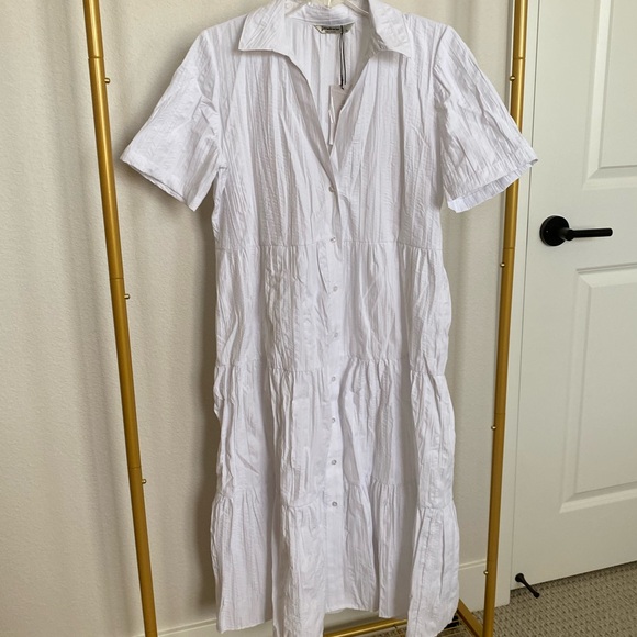 Stradivarius White Poplin Button Front Tier Collared Midi Dress - Picture 3 of 7